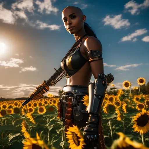 Prompt: Warm colors, 3D, HD, Epic, Gritty, Third-person, An attractive black woman ((robotic limbs)), Bald ((Hairless)), sword ((holding sword)), a field of sunflowers,