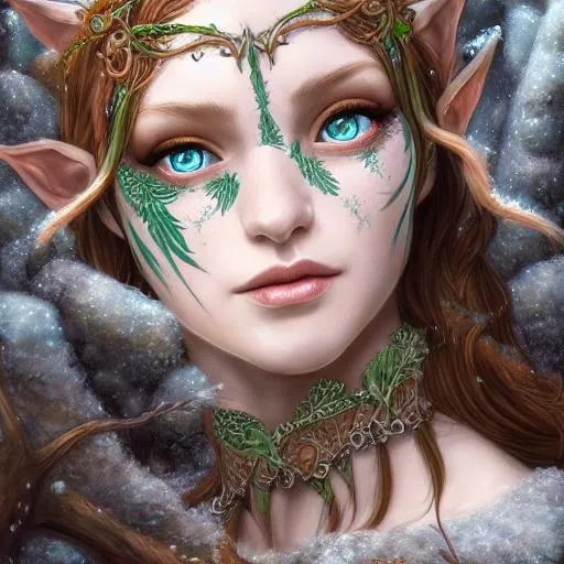 Prompt: A highly detailed portrait of an elf druid woman, winter, beautiful, intricate, unreal engine, medieval, highly detailed, centered, digital painting, concept art, smooth, sharp focus, illustration, artgerm, green eyes, ginger hair