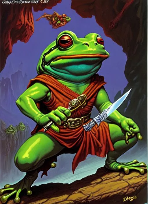 Prompt:  evil sorcerer frog with a knife
, character, d&d, cave, 4k, Clyde Caldwell, Jeff Easley