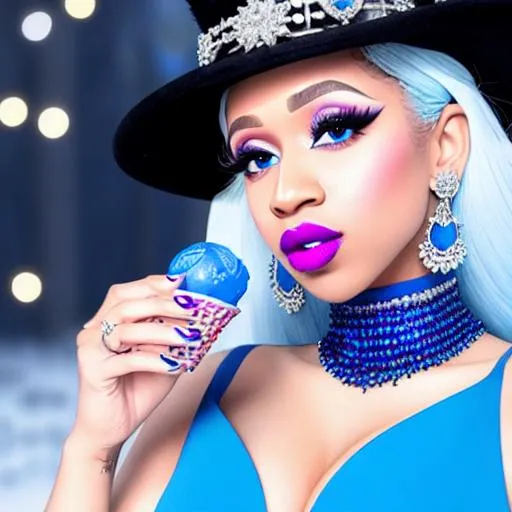 Prompt: Ice Queen Cardi B eating blue ice cream in winter palace, blue lipstick, city skyline, windy and snowing, blue heart necklaces, Large frozen Ball Gown, pleasant face, blue eyes, Black-purple eyeshadow, Sugar Hat, extremely large ice earrings. Cold color scheme, ultradetailed, 8k resolution, perfect, smooth, high quality, shiny. 