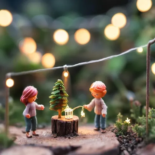 Prompt: Tiny People watering a tiny wooden garden center tiny city string lights at night camp fire 

