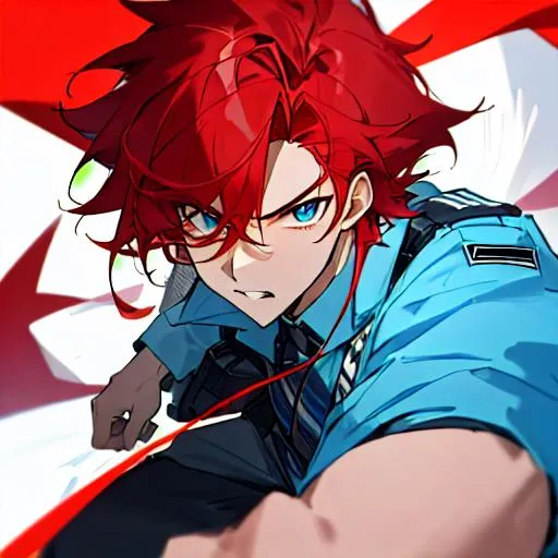 Prompt: Zerif 1male as a male police officer (Red side-swept hair covering his right eye)UHD, 8K, Highly detailed, insane detail, best quality, high quality, wearing a blue male police uniform, anime style