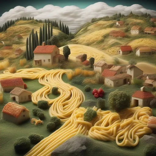 Prompt: a rural landscape becomes a pasta dish, surrealistic