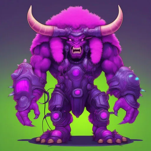 Prompt: Minotaur, fur pink with super fluffy face and covered in purple insect-like armor, electrified ant antennae, violet and purple with neon green gears tail, chordophone, best quality, masterpiece, in 2D illustration Style 