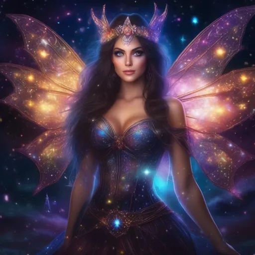 Prompt: A whole body view of a stunningly beautiful, hyper realistic, buxom woman with incredible bright eyes wearing a sparkly, glowing, sheer, fairy, witches outfit on a breathtaking night with stars and colors with glowing, detailed sprites flying about