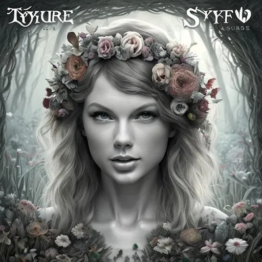 Prompt: generate me a Taylor Swift album cover concept with no words whatsoever on it called "Flora" which features a rustic, forest-like aesthetic true to her later eras such as Evermore and Folklore. it must be highly realistic detailed, 4k HD with sunlight shining over taylor, a detailed face with no words. it can be black and white.