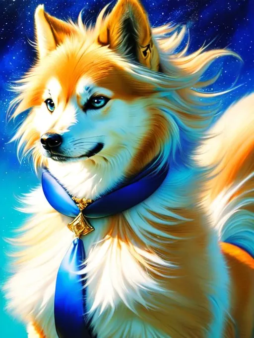 Prompt: (16k, 8k, 3D, ultra high definition, full body focus, very detailed, masterpiece, detailed painting, ultra detailed background, UHD character, UHD background) character design portrait of a beautiful medium-sized female {quadruped} with wind powers, golden-white fur and golden hairs, vivid crystal-blue eyes, long blue diamond ears with royal blue and magenta interior, (sapphire sparkling rain), cute fangs, majestic like a wolf, playful like a fox, energetic like a deer, calm and inviting smile, ears of blue point siamese cat,  fur speckled with sapphire crystals, fluffy mane, insanely detailed fur, insanely detailed eyes, insanely detailed face, standing in fantasy garden, atmosphere filled with (sparkling rain) and (flower petals), pink and cyan flowers, cherry blossoms, mountains, auroras, pink twilight sky, Sylveon