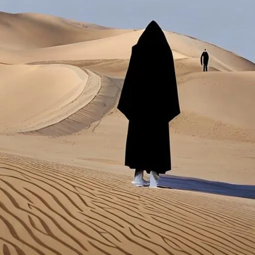 Prompt: A man in a white cloak stands facing another man in a black cloak. They're on top of a desert sand dune