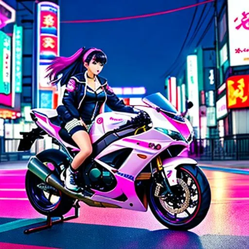 vaporwave japan city anime motorbike girl night time