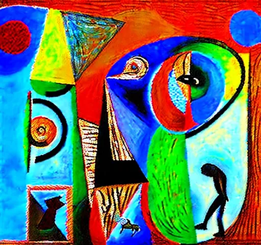 Prompt: Picasso mixed with Da Vinci  abstract textured like Pollack type painting with hidden messages in the painting like a woman walking a dog and a man playing catch with his kids or hidden items like a toy or a upside down sun or a backwards half moon the whole picture upside down abstract beautiful picture with details and realistic but off images in painting different shapes and colors abstract different worm holes with diff images in picture caveman drawings 