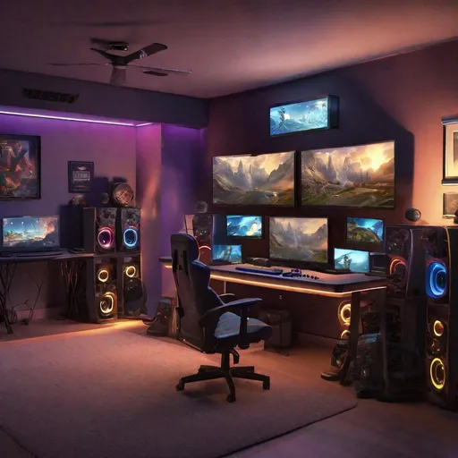 Prompt: a gaming room landscape, two monitor, medium shot, joyful, atmospheric, studio, moonlight, ambient lighting, photo realistic, ultra high res, highly detailed.