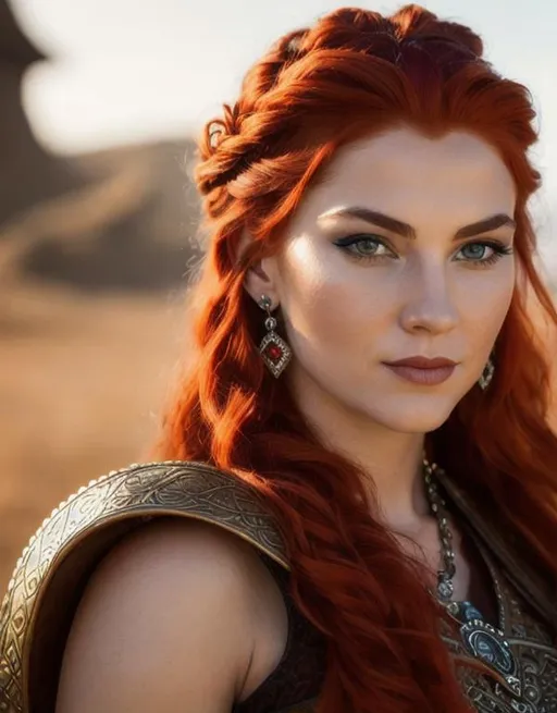 Prompt: highest quality stylized viking woman masterpiece, red hair, award-winning 3d oil painting art, perfect anatomy in perfect composition, long shot, hyper-realistic photography, intricate, 64k, UHD, HDR, (intricate eyes), extraordinary lips, subtle smile, gorgeous eyelashes, highly detailed face, hyper-realistic facial features, cinematic 3d volumetric, dramatic lighting with backlit backlight, by Julia Razumova