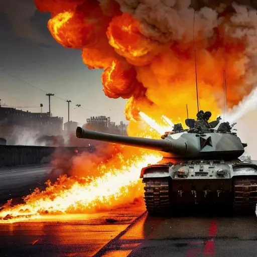 Prompt: World War, tank, helicopters, jets, high extremely explode, missiles, city covered in flames, hd ultra 4k, cinematic, hyper-realistic