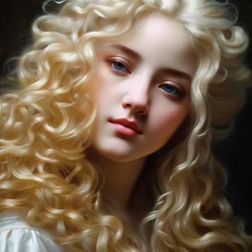 Prompt: realistic baroque painting of a woman with long flowing blonde hair, masterpiece, delicate detailed complex, highly detailed, intricate detailed, vivid colors, paint strokes, realistic painting, portrait, melancholic, ethereal, sadness