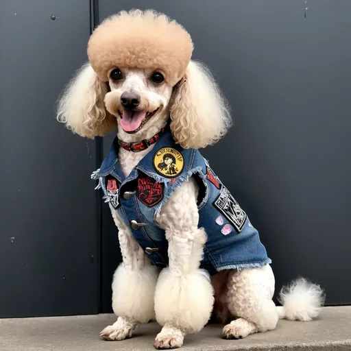 Prompt: Poodle wearing a heavy metal music denim vest with patches