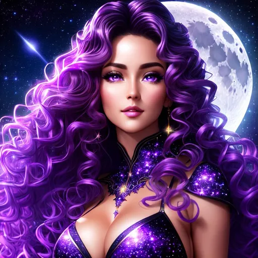 Prompt: Fantasy style, Stary night-time purple fantasy background, moon shining bright, a hyper realistic detailed image of a feminine woman, covered in nightly glow ((long curly hair)), looking straight ahead, body facing camera, camera top third of image, perfect composition, super detailed, sharp focus HDR, UDR, 120k, square jaw, slender upturned nose, full red lips, ((light silver and white coloured sheer dress)), silver shoulder plates, ((gold eyes)).