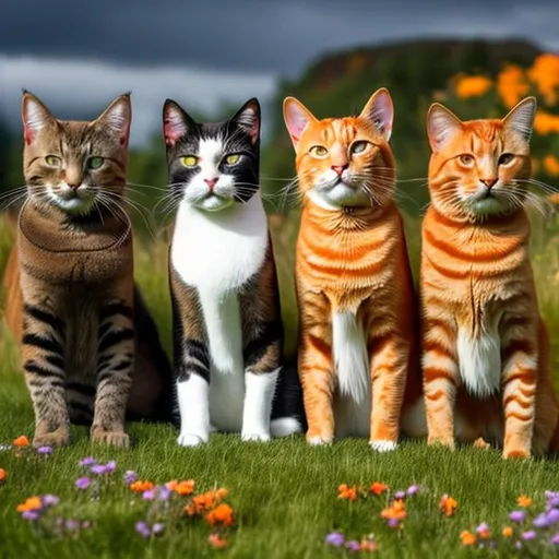 Prompt: 3 warrior cats sitting next to each other, one of the cats has white fur, one of the cats has black fur, and one is a beautiful orange tabby cat, the cats are sitting in a beautiful meadow with their tails held high, the weather is gloomy.