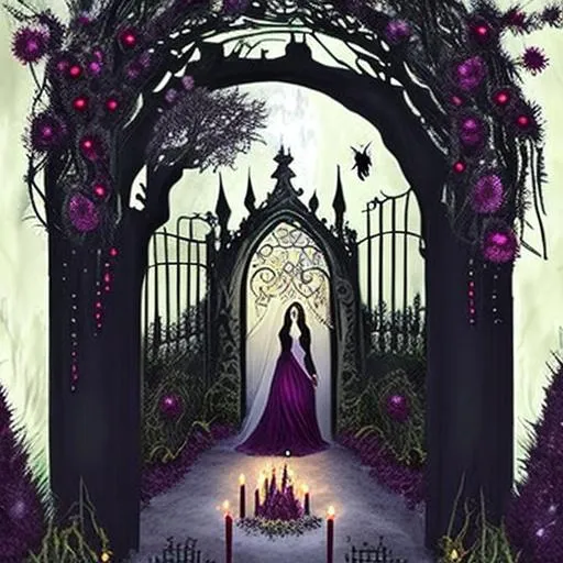 Prompt: ornate garden gate, dark aesthetic witch maiden with a crown of blackberries, bees, candles, foggy graveyard, long jeweled gown with veil, honeycombs, thorns, spikes, spiral fibonacci, sparkles