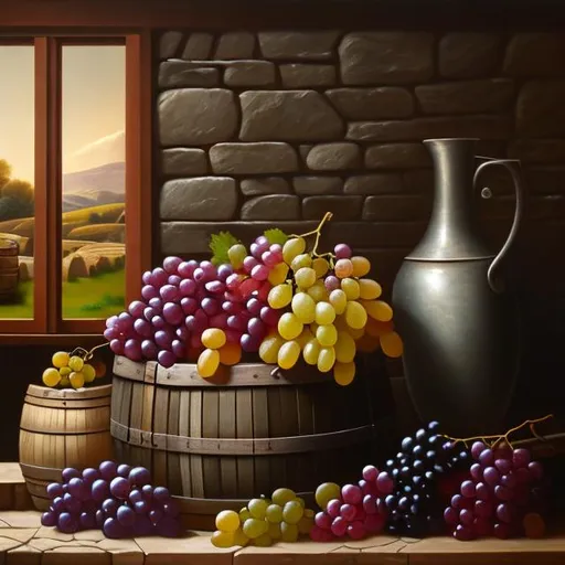 Prompt: still life with multicolored grapes near wooden barrels in front of a stone wall, moody atmosphere, soft lighting, detailed oil on canvas, 8K