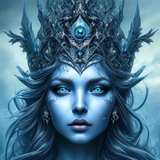 Prompt: Blue goddess of the dark forest beautiful hyper realistic face features hyper detailed forehead crown