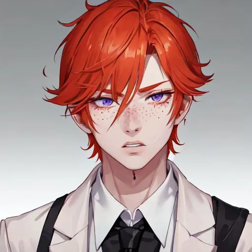 Prompt: Erikku male (short ginger hair, freckles, right eye blue left eye purple) muscular, UHD, 8K, Highly detailed, insane detail, best quality, high quality. As the godfather, mafia