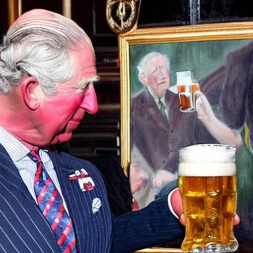 Prompt: create a coronation piece of art with prince charles drinking a pint of beer


