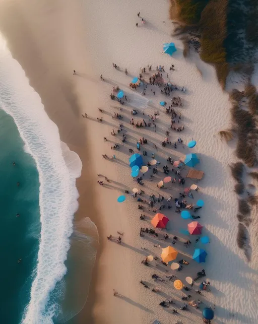 Prompt: A lively aerial shot of a beach party at dusk with bonfires and lanterns scattered across the sand. Groups of friends dance together while waves crash gently along the shoreline behind them. The scene is illuminated by the warm light of the setting sun blending with the cooler light of the rising moon. Shot with a DJI Mavic 3 drone using a wide angle lens to capture the scope. The mood is carefree summertime joy. In the style of José Luis Ruiz.