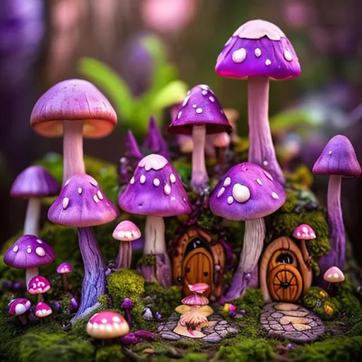 Prompt: fairy world, purple atmosphere, light shade, illuminating plant, illuminating pixie, colorful mushroom, detailed, fairy house, smaill angel