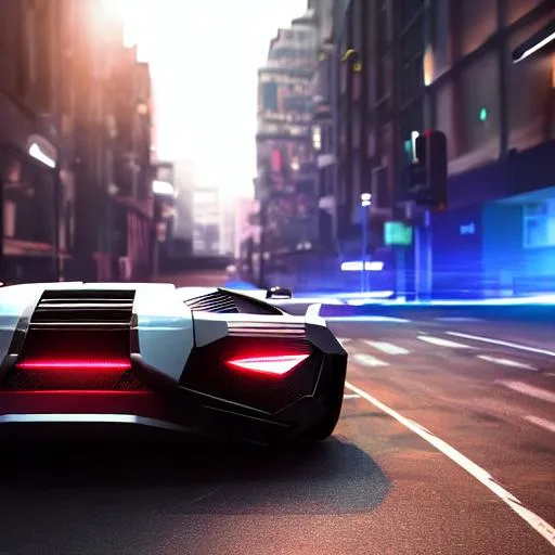 Prompt: professional photo of a futuristic lamborgini on the streets of a dystopian futuristic city, 4k, octane render, Unreal Engine