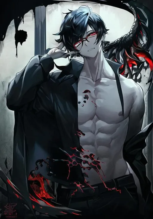 Prompt: male, free upper body, masterpiece, high detail, black hair, black glases, red eyes, ripped open shirt