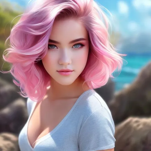 Prompt: Full body Portrait of {teenager love} with {pink} hair and with cute face, { In a beautiful seashore }, full body, perfect composition, hyperrealistic, super detailed, 8k, high quality, trending art , trending on artstation , sharp focus , Realistic background image of hd, intricate details, highly detailed.