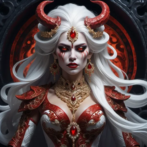 Prompt: Female demon, striking red skin, flowing white hair, adorned in lavish, intricate royal attire, exuding an air of power and elegance, adorned with ornate jewelry and accessories, set against a dramatic, shadowy background, evoking a sense of mystique and allure, high detail, vibrant colors, fantasy realm ambiance.