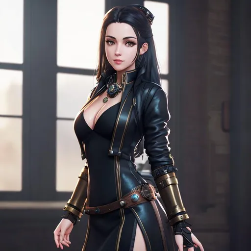 Prompt: dark haired girl with modified steampunk hands, posing, full body shot, soft lighting, realistic, 4K, unreal engine 5