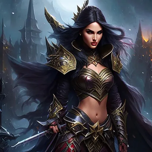 Prompt: beautiful fiary princess warrior dark armor eiza gonzalez fantasy painting juie bell splash art