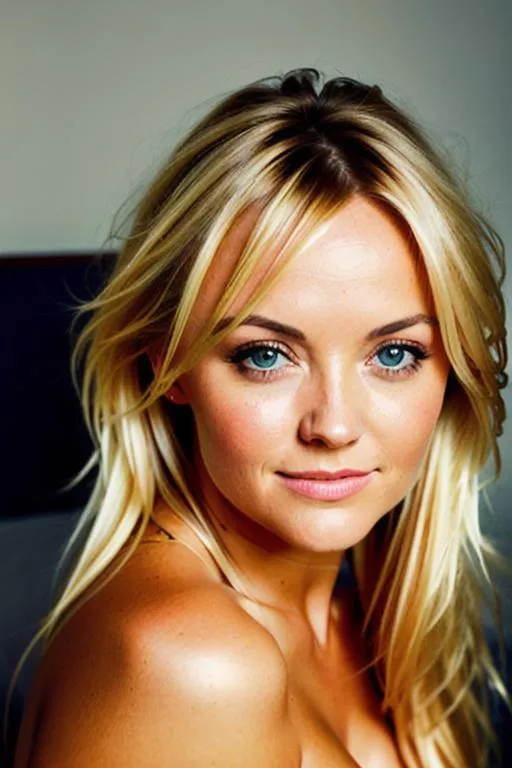 Prompt: Please produce photography of a beautiful girl, looks like Emma Bunton at 18 with pretty eyes lying a on bed in seductive poses in a professional photoshoot and messy hair, symmetrical face, Bright eyes with highlights . professional lighting, highly detailed in the photography style of Petter Hegre art by greg rutkowski slightly open sensual mouth professionally retouched