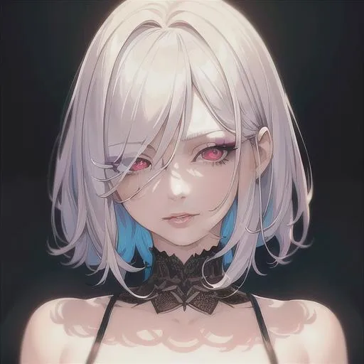 Prompt: (masterpiece, illustration, best quality:1.2), short trimmed white hair, devilish eyes, wearing black nightgown, best quality face, best quality, best quality skin, best quality eyes, best quality lips, ultra-detailed eyes, ultra-detailed hair, ultra-detailed, illustration, colorful, soft glow, 1 girl