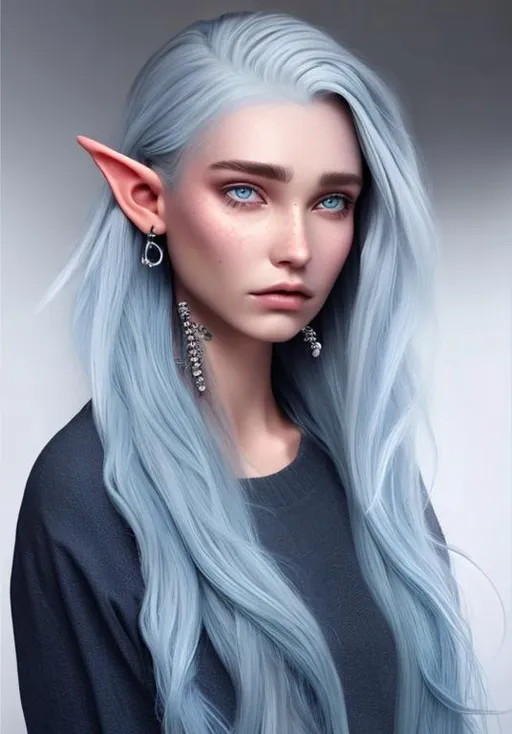 Prompt: elf, silver hair and blue silvery skin, beautiful with piercings, photo realistic