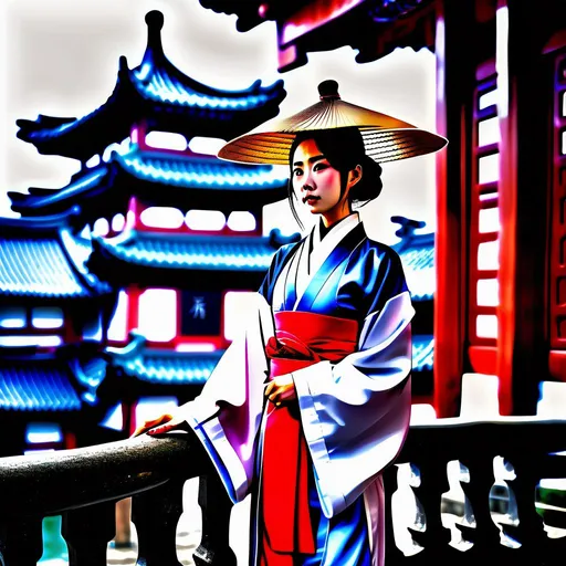 Prompt: An Asian woman wearing an ascot necktie 👔 with a robe, Hanfu, the person is wearing a mix of a business suit and East Asian attire, the person is wearing a fancy sun hat, the person is surrounded by domed buildings with Chinese roofs, landscape, realistic, photograph