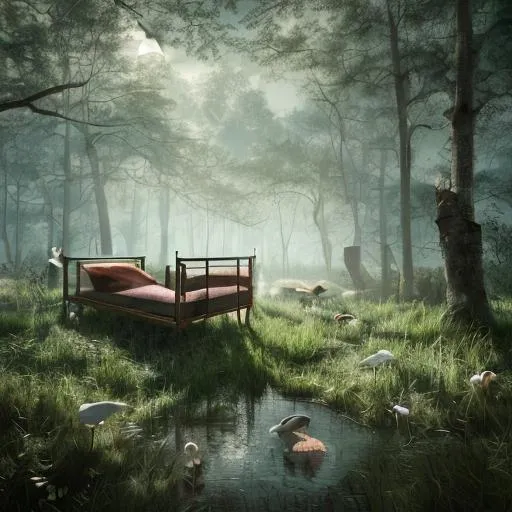 Prompt: a hospital bed in a forest clearing surrounded by birds, mysterious, magical-realism-style digital illustration, sharp detail