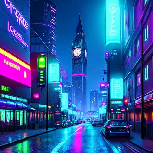Prompt:  A cyberpunk night scene in futuristic London in style of  Juan P. Osorio’s neon cityscape