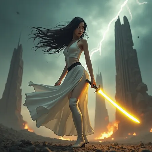 Prompt: Clad in a sleek, white flowing outfit that highlights her athletic frame, a young Asian woman stands in a dramatic landscape ready for battle, wielding a glowing yellow Kitana-style lightsaber. Her dark hair is flowing in the breeze, accentuating her fierce expression as she prepares for battle against the backdrop of a stormy sky, where flashes of lightning illuminate crumbling, modern structures that tower ominously. The atmosphere is charged, with swirling clouds and hints of fire in the distance, casting a dramatic glow that enhances the tension of the scene. Overall, the image conveys a sense of empowerment and urgency, blending elements of fantasy and adventure as the figure exudes confidence in an otherworldly setting. Photorealistic.