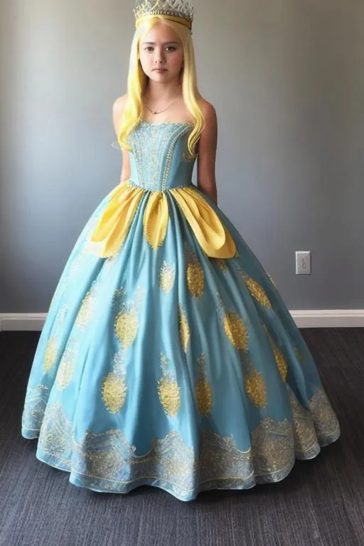 Prompt: Girl 18yo, Bitter lemon hair, Queen dress, Queen crown, long dress,