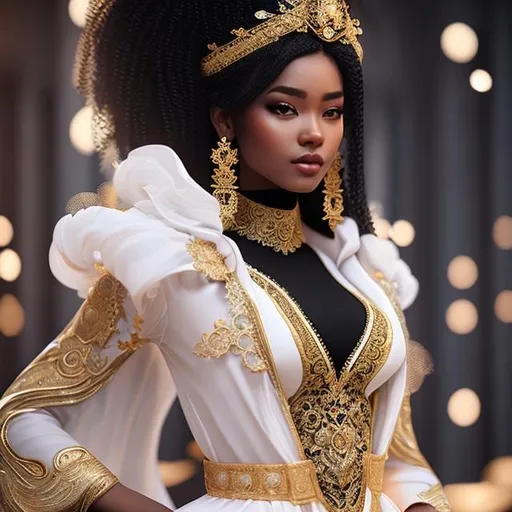 Prompt: Digital art of black woman, as royalty, in flowing dress, full body, by Choi hye yeon, by Mangle, by POYA, highly detailed, long blonde hair, broad nose, smooth skin, perfect, imagine engine rendering, realistic eyes, 