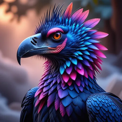 Prompt: (regal looking vulture), (surrealistic style), (vibrant color scheme), extraordinary and spectacular plumage, ornate and imaginative details, dreamlike atmosphere, high contrast vivid hues, intriguing textures and forms, whimsical background elements, soft ethereal lighting, (ultra-detailed), striking visual composition, captivating and mesmerizing appearance.