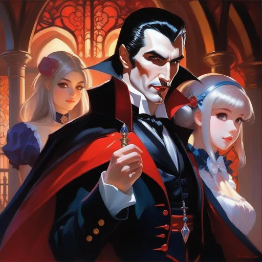 Prompt: Dracula meets anime girls, anime style, extremely detailed painting by Greg Rutkowski and by Henry Justice Ford and by Steve Henderson 