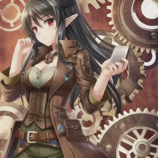 Prompt: steampunk, elf, black hair, red eyes, goggles, gears