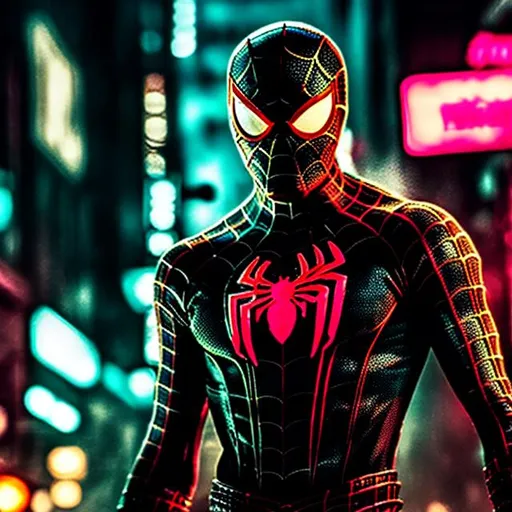 Prompt: 4k. Gritty Todd McFarlane style black and neon Spiderman. Full body. Gritty, futuristic army-trained villain. Bloody. Hurt. Damaged. Accurate. realistic. evil eyes. Slow exposure. Detailed. Dirty. Dark and gritty. Post-apocalyptic Neo Tokyo .Futuristic. Shadows. Armed. Fanatic. Intense. 