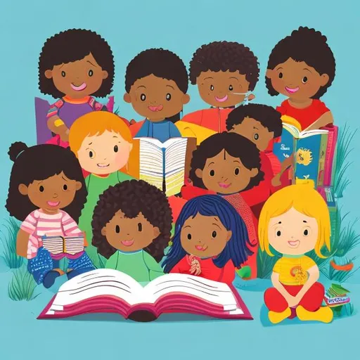 Prompt: Prompt: Create a vibrant and inviting illustration of a multicultural children's book club. Set against a soothing blue background, showcases a diverse group of happy children, each representing a different nationality or culture. They sit together on a big, cozy, with multiple books that are open like a bridge, and they're immersed in their favorite books. Each child should be depicted with a big smile, their eyes sparkling with wonder and joy as they share stories from around the world. Make sure to include colorful books scattered around them and perhaps a friendly mascot, like a whimsical reading owl, sitting nearby. This illustration should radiate the excitement of reading and the beauty of cultural diversity, captivating young readers and inspiring a love for books. no text.
