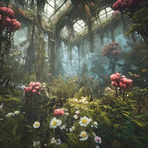 Prompt: hidden world, overgrown, flowers, fauna, hidden 