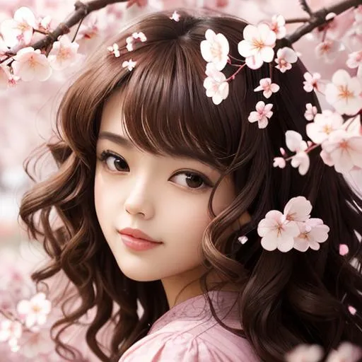 Prompt: Beautiful girl, curly brown hair, cherry blossom flowers, facial closeup